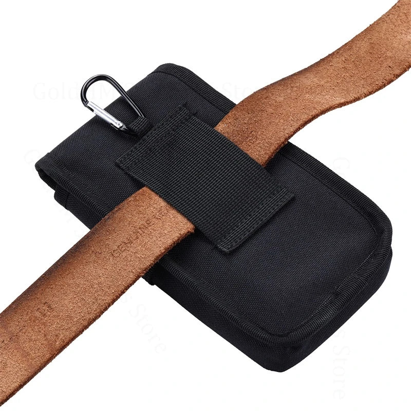 Black multilayer card slot phone pouch with brown strap and metal clip