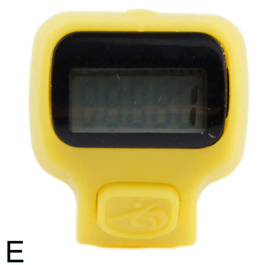 A yellow digital counter device with a black screen and a yellow base.