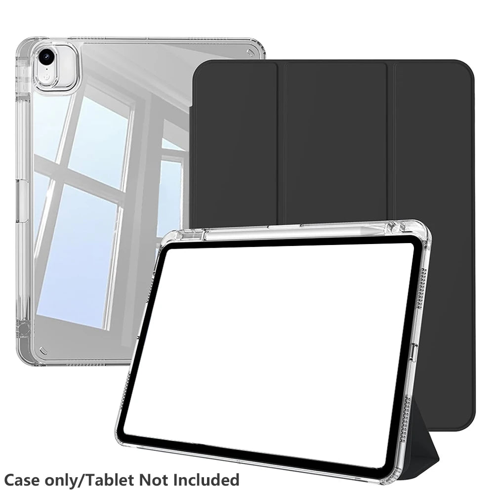 A clear protective case for an iPad is shown alongside multiple black covers and the tablet itself.