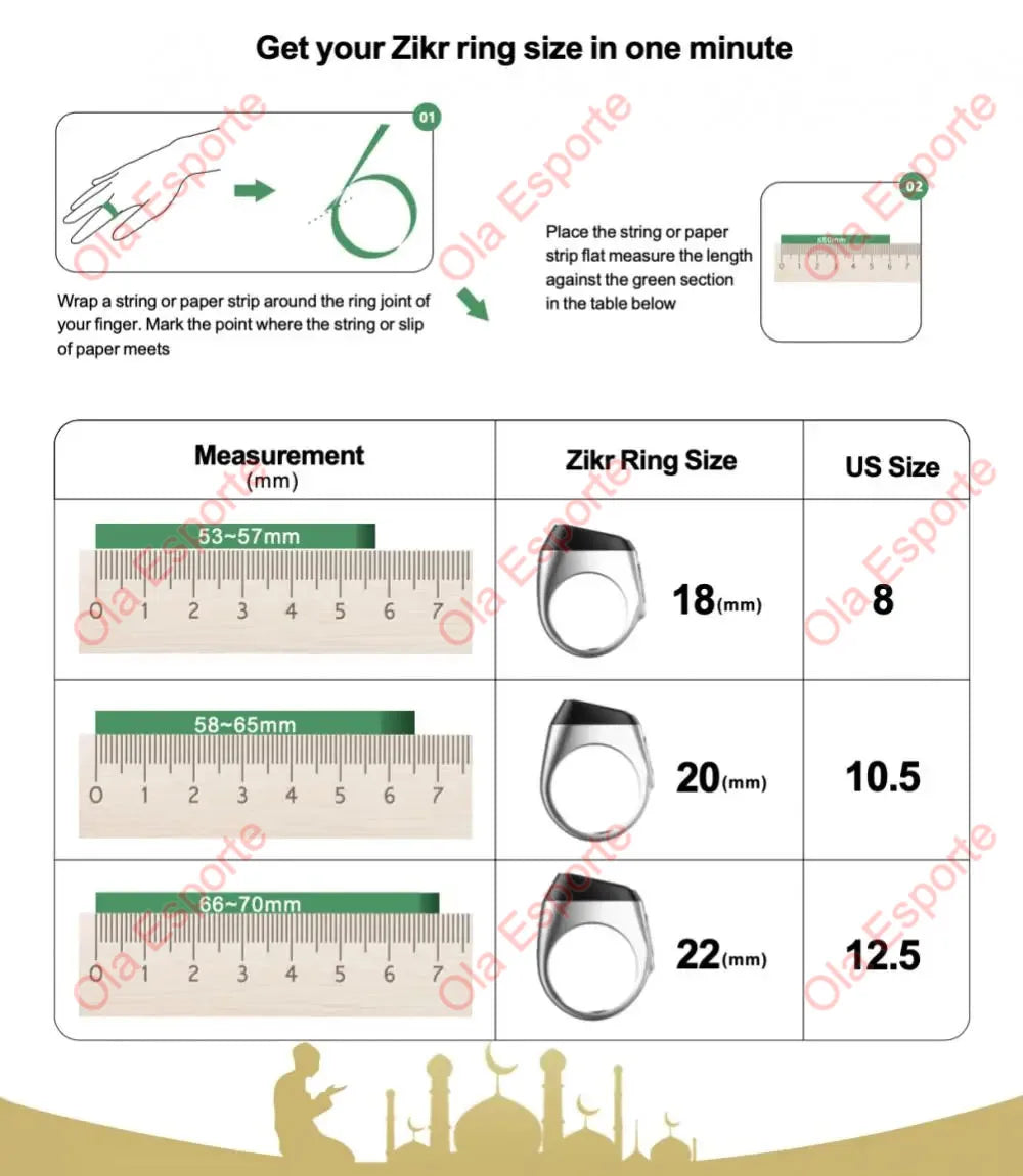 Instructions for measuring a Zikr ring size using a string or paper strip against a table.