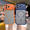 Two frosted magnetic silicone cases for an iPhone, one orange and one blue, held by a person.