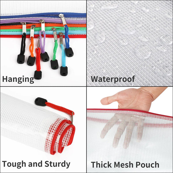 Various colored hanging zipper organizers and a thick mesh pouch for document storage