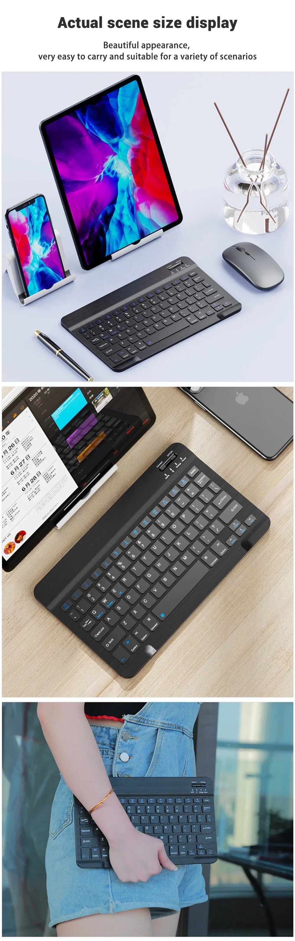 Un combo clavier et souris Bluetooth universel noir, montré en différentes tailles et utilisé par une personne.