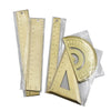 A set of professional brass drafting tools including a ruler and a triangle for precision drawing.
