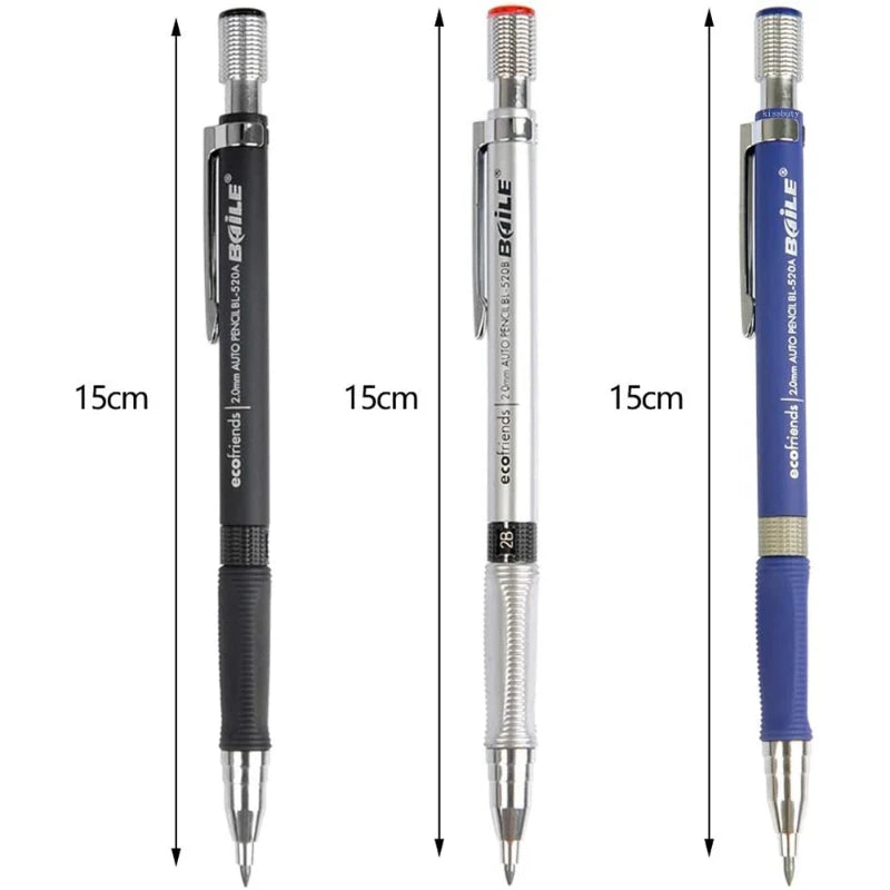 A set of precision mechanical pencils with 2.0mm lead, shown vertically in black and blue.