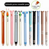 A set of six cute animal press erasable gel pens featuring characters like a monkey, rabbit, penguin, panda, elephant, and mo