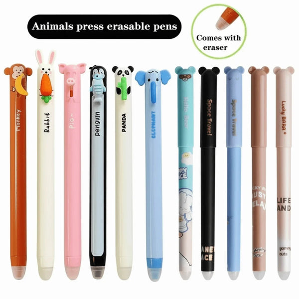 Un set de six stylos à gel effaçables mignons avec des personnages comme un singe, un lapin, un pingouin, un panda, un élépha