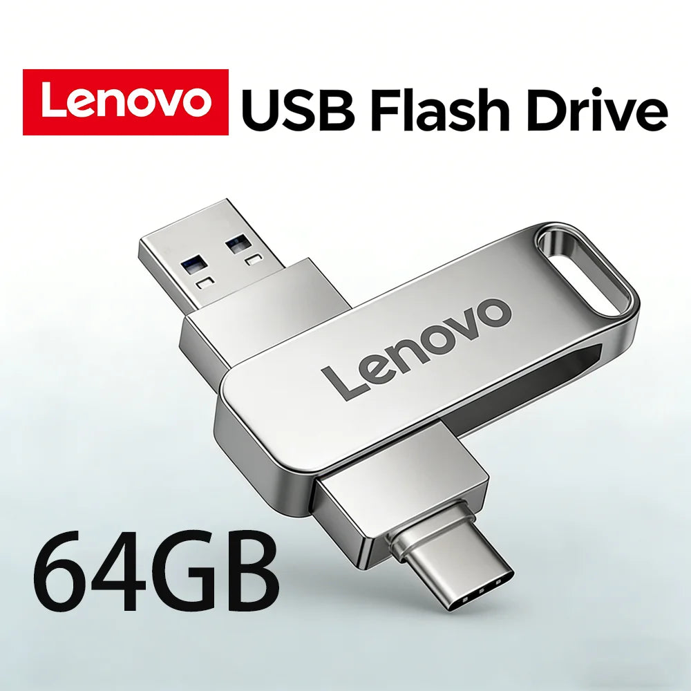Silver Lenovo 64GB USB Flash Drive with a metal clip and connector.