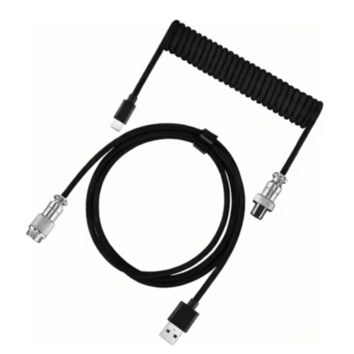Black coiled USB-C cable with a connector for mechanical keyboards