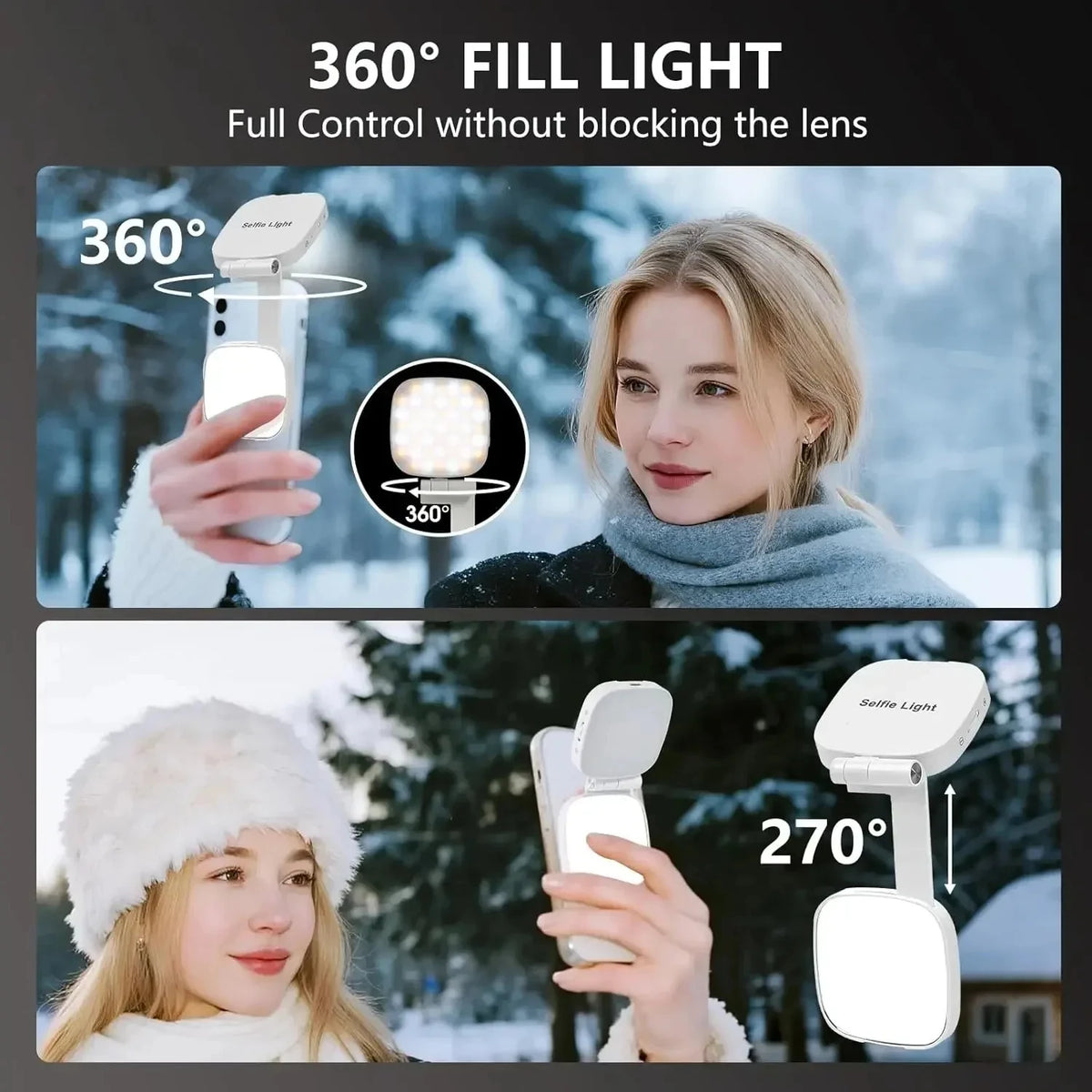 Eine Frau hält eine MagSafe-kompatible LED-Selfie-Lampe und demonstriert 360- und 270-Grad-Fülllicht bei Schnee.
