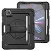A black heavy duty rugged iPad case with a rotating kickstand and shoulder strap shown next to the device.