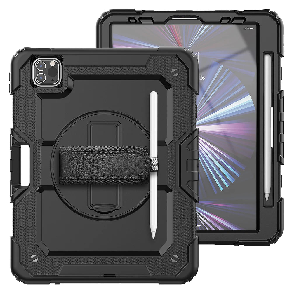 A black heavy duty rugged iPad case with a rotating kickstand and shoulder strap shown next to the device.