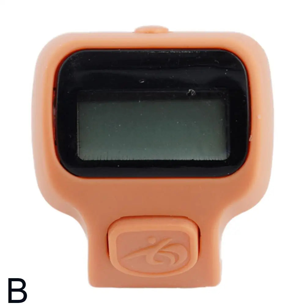 A beige digital counter device with a black screen and an orange body.