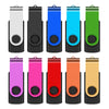 A row of ten high-capacity USB flash drives in various colors including silver, black, blue, cyan, green, purple, red, orange