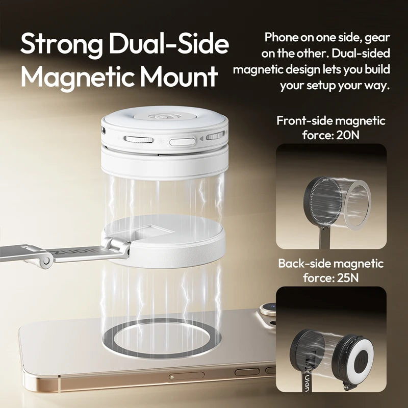 A clear cylindrical mount demonstrating a strong dual-side magnetic setup for securing a phone or device.