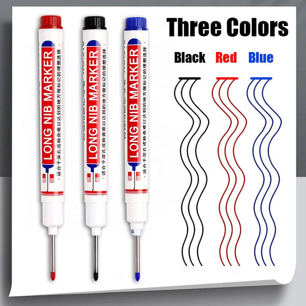 Three colors of long nib marker pens in black red and blue displayed vertically