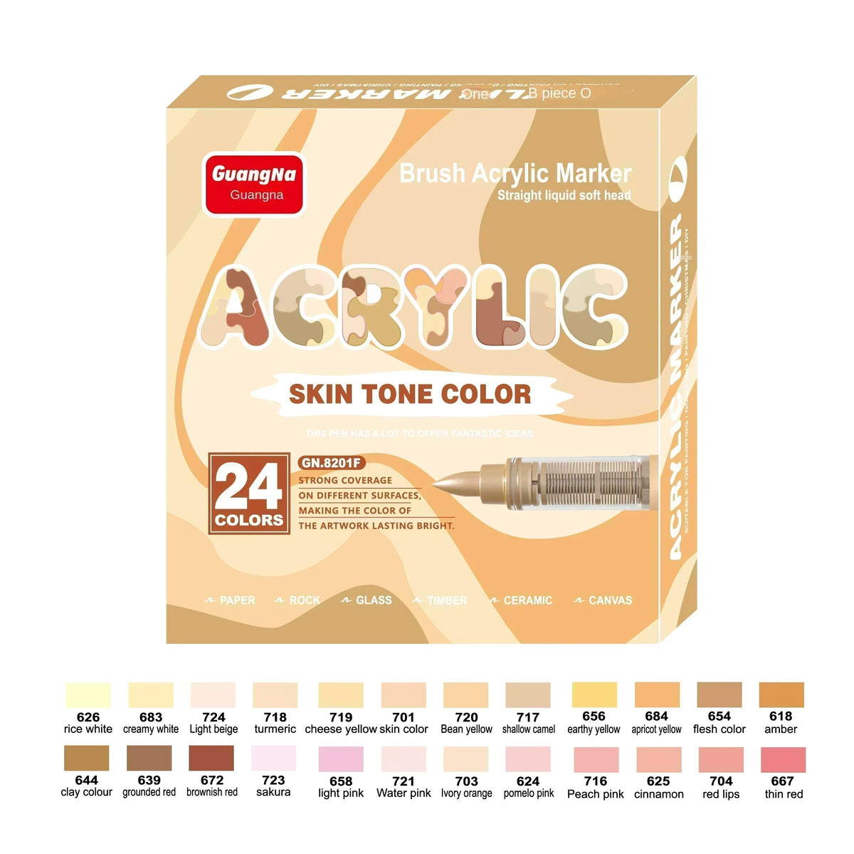 Box of GuangNa Brush Acrylic Markers featuring 24 skin tone colors for art and crafting