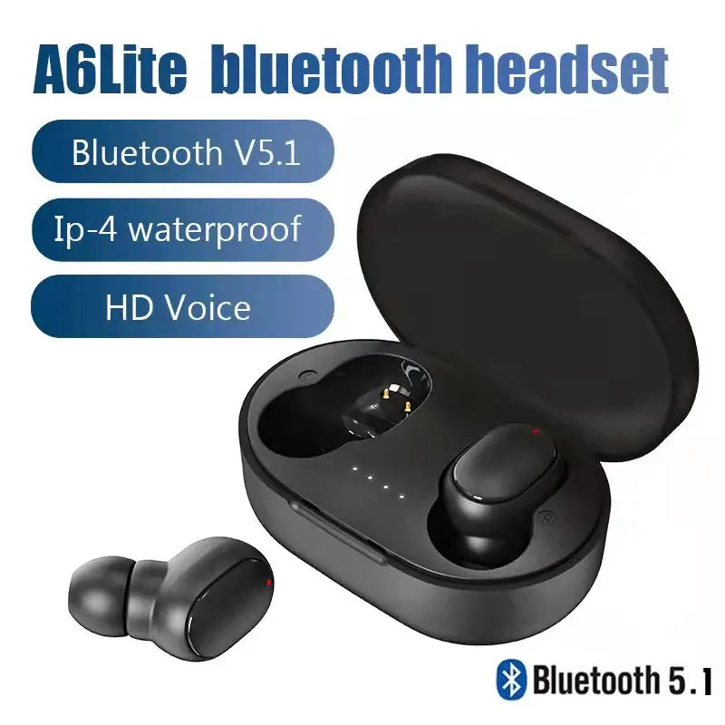 Auriculares Bluetooth A6Lite negros con estuche de carga y auriculares.