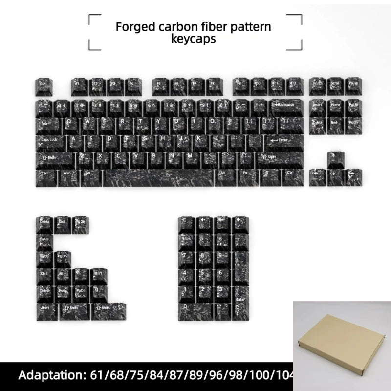 A close-up view of black forged carbon fiber texture keycaps for mechanical keyboards.