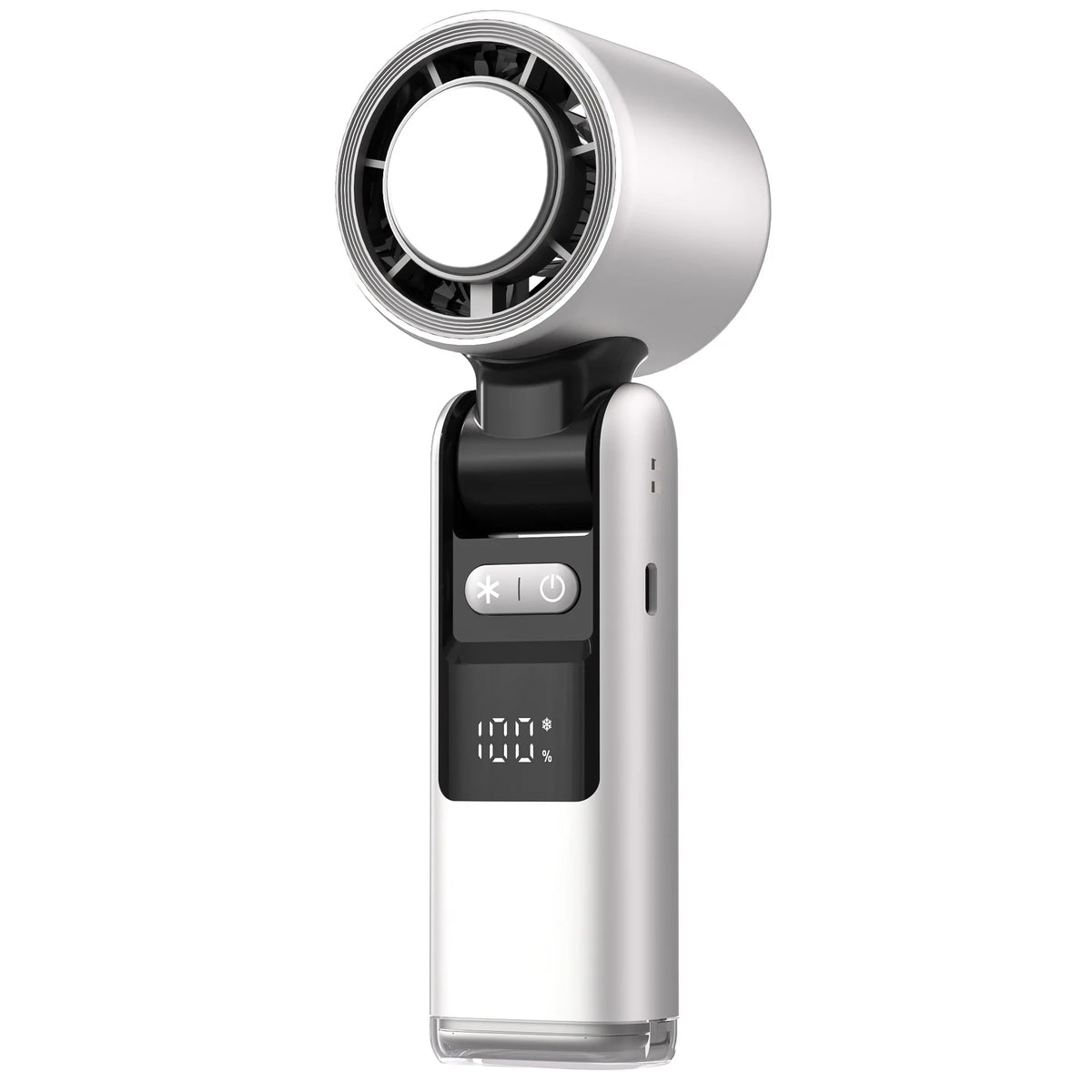 A silver mini USB powered cold fan with a circular grille and a digital display.