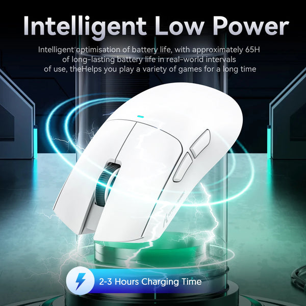 White wireless gaming mouse resting on a charging dock with blue energy effects.
