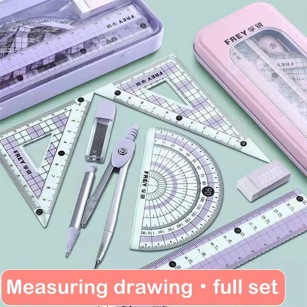 A full set of precision metal mathematical rulers and drawing tools in pink and purple.