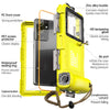 A yellow waterproof phone case with a clear window, featuring a zinc alloy buckle and various protective features for diving.