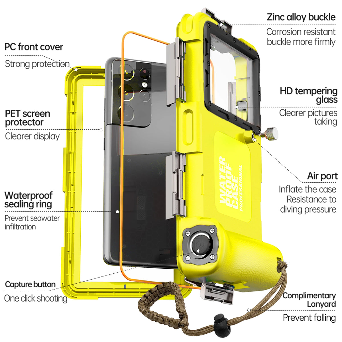 A yellow waterproof phone case with a clear window, featuring a zinc alloy buckle and various protective features for diving.