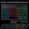 A rainbow color backlit keyboard shown with various lighting modes and key layouts.