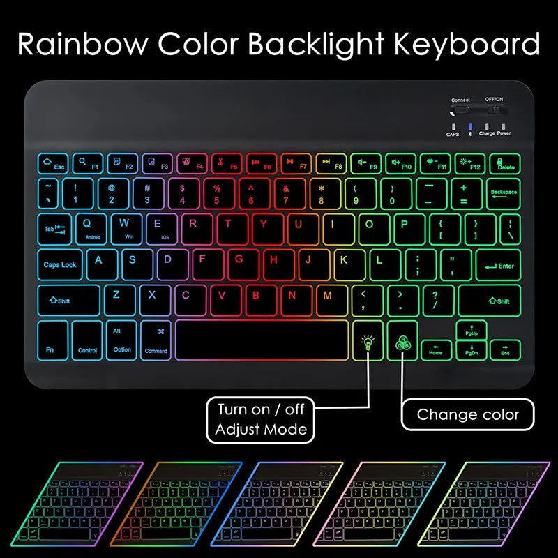 A rainbow color backlit keyboard shown with various lighting modes and key layouts.