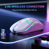 A pink wireless gaming mouse is shown with a USB receiver, demonstrating 2.4G wireless connection.