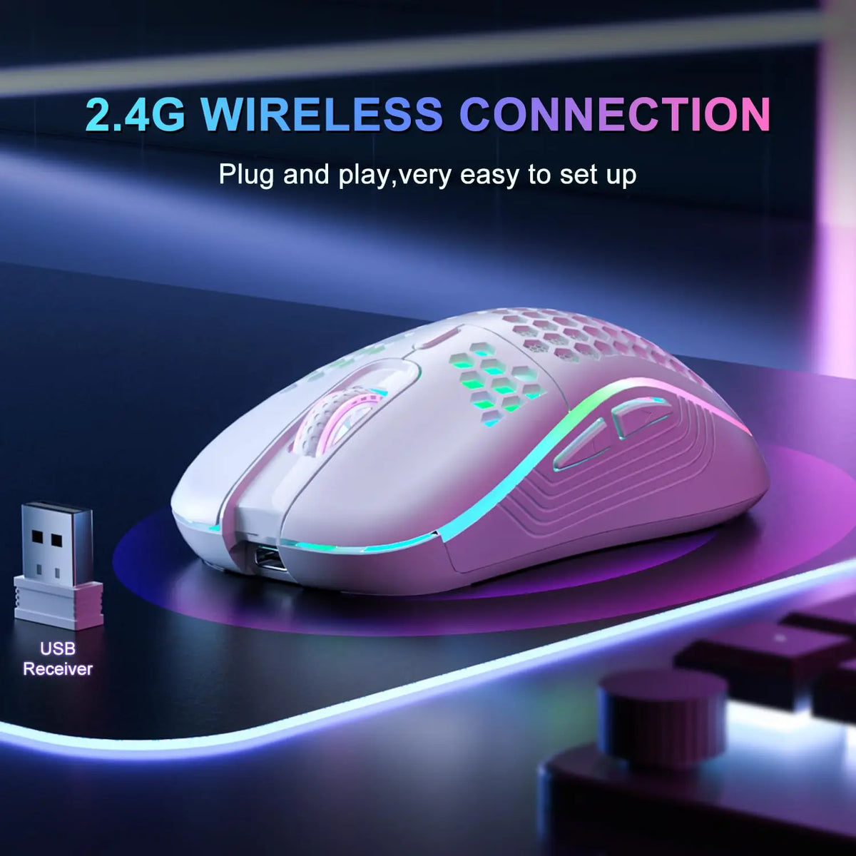 A pink wireless gaming mouse is shown with a USB receiver, demonstrating 2.4G wireless connection.