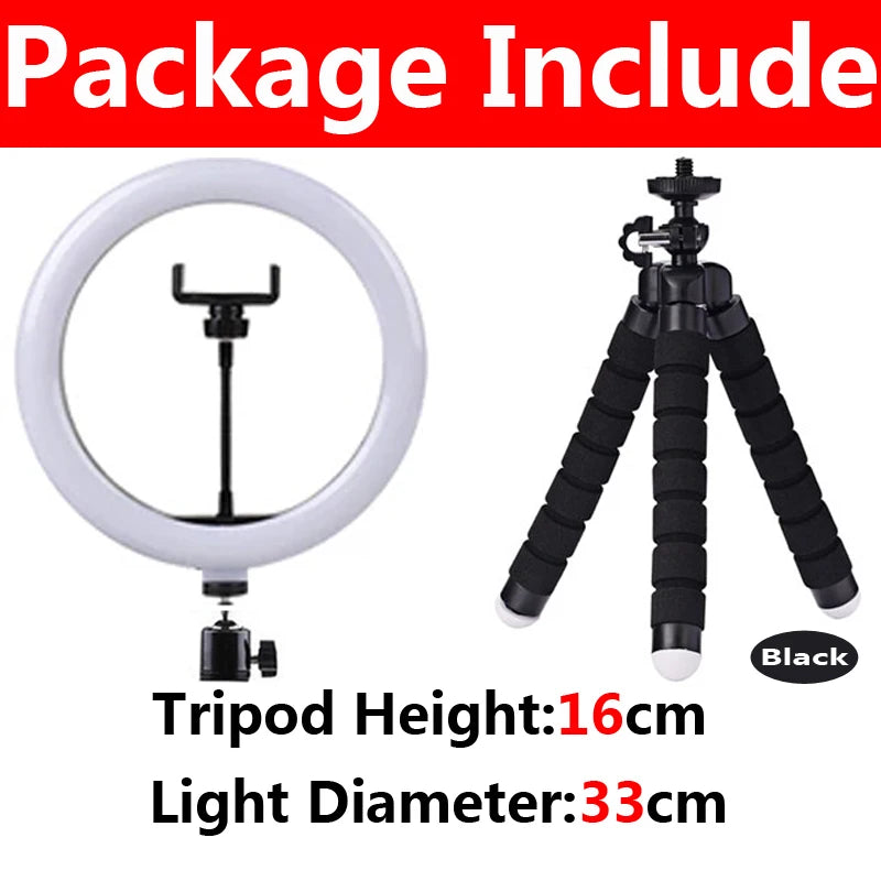 Black LED selfie ring light with a tripod, featuring a 16cm height and 33cm diameter.
