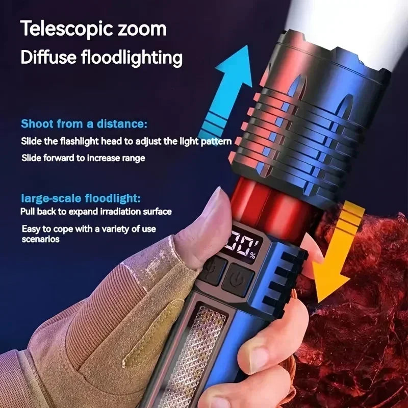 A hand holds a tactical LED flashlight with a telescopic zoom feature, demonstrating its light pattern adjustment.