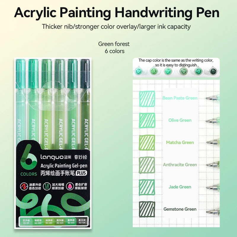 A set of six green acrylic painting handwriting pens with thick nibs and strong color overlay.