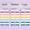 Three sets of durable writable index tags in small, medium, and large sizes with various color options.