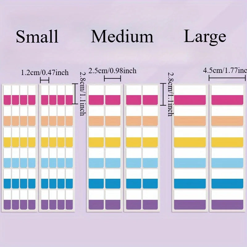 Three sets of durable writable index tags in small, medium, and large sizes with various color options.