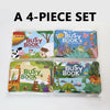 A set of four busy book sticker activity books for toddlers featuring animals and letters.