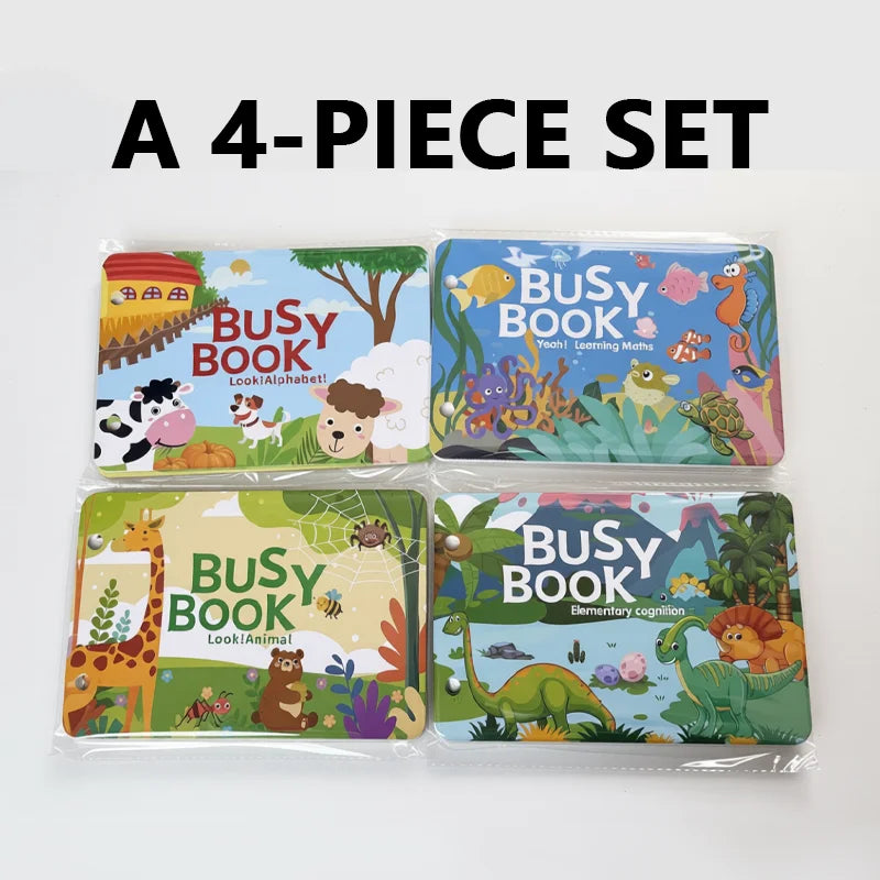 A set of four busy book sticker activity books for toddlers featuring animals and letters.