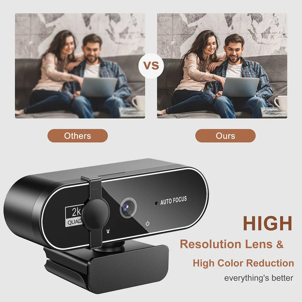 A black 2K autofocus webcam is shown with a comparison to other webcams, highlighting high resolution and color reduction fea