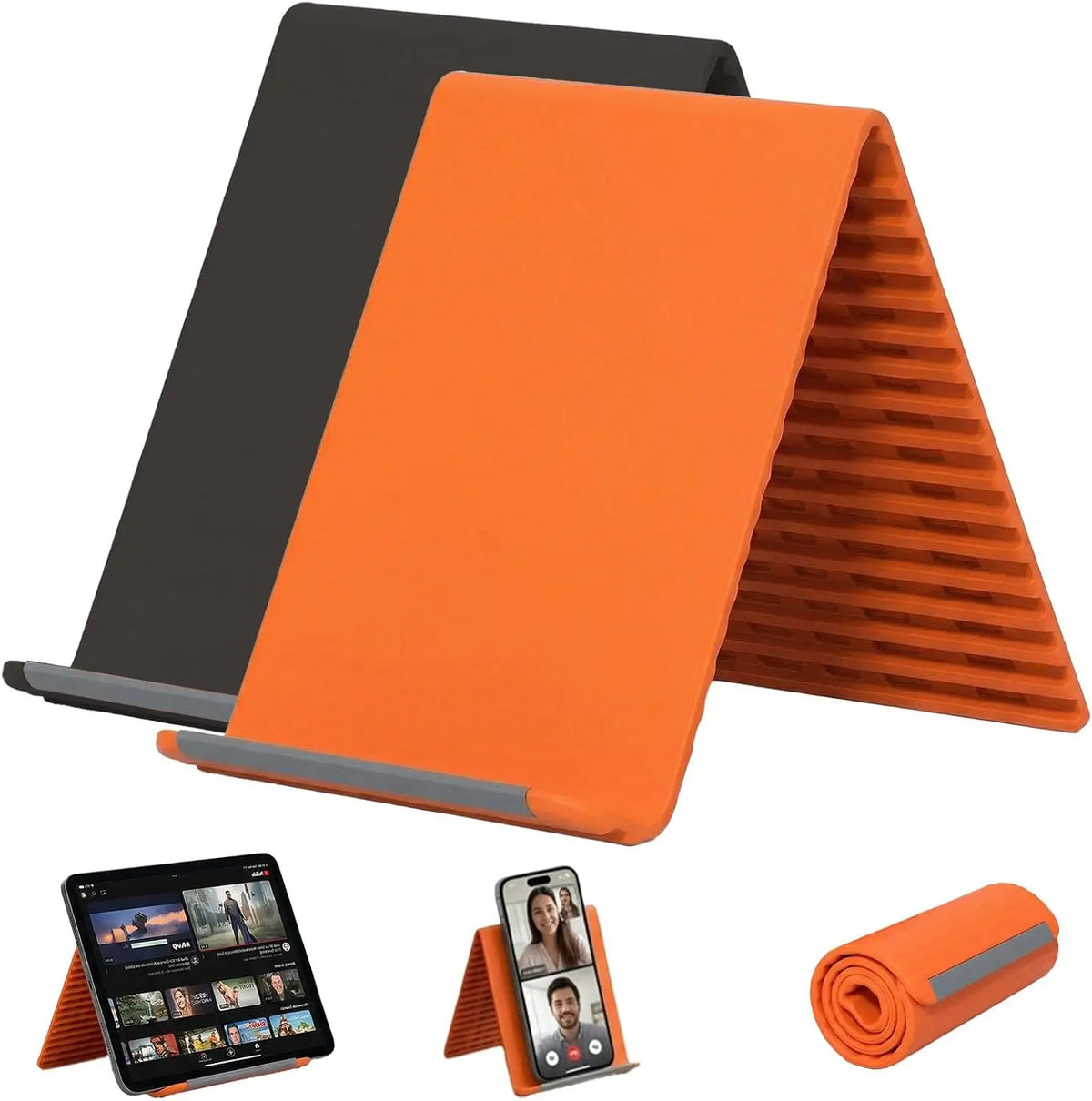 Orange silicone multi-angle stand for phones and tablets shown in various angles