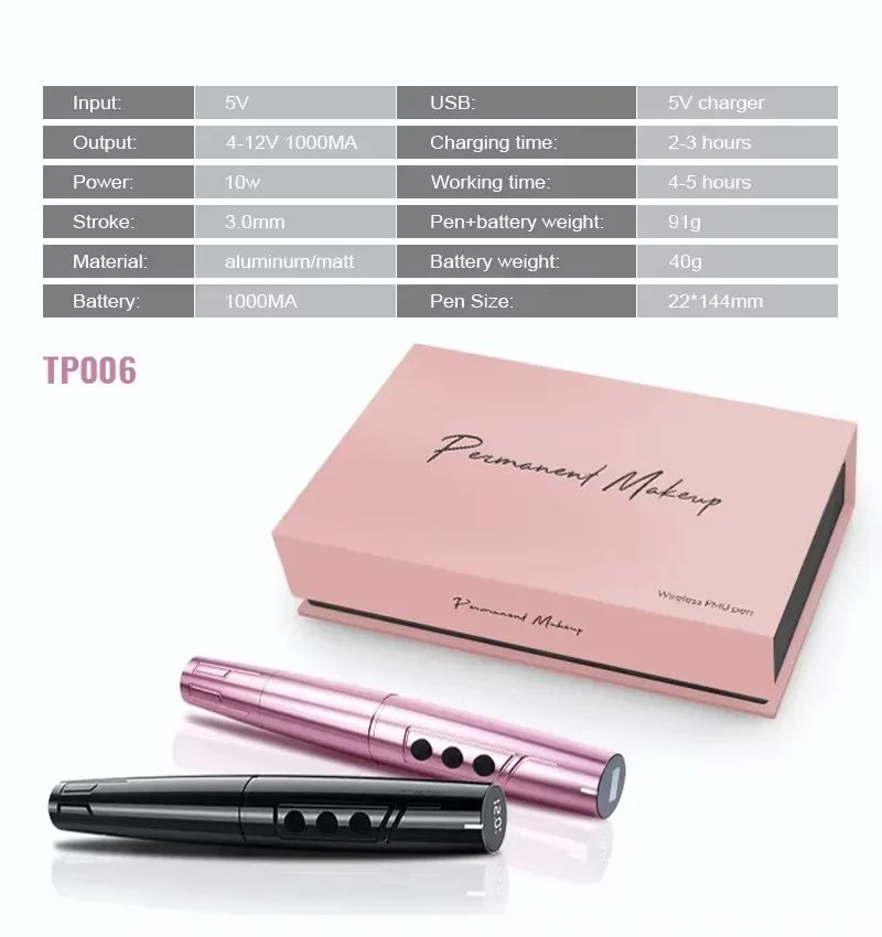 Un bolígrafo para maquillaje permanente eléctrico rosa junto a su caja de embalaje.