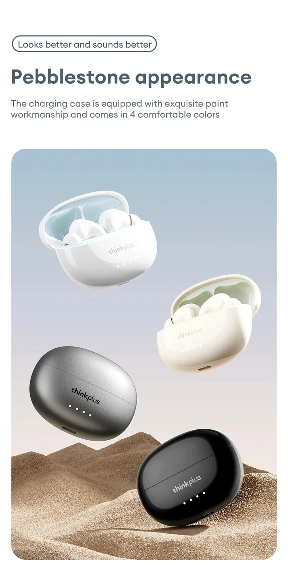 A set of ThinkPlus wireless earbuds in four comfortable colors shown against a textured background.