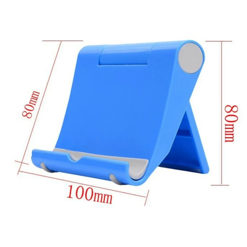 A blue flexible multi-angle tablet and phone desk stand shown with dimensions.