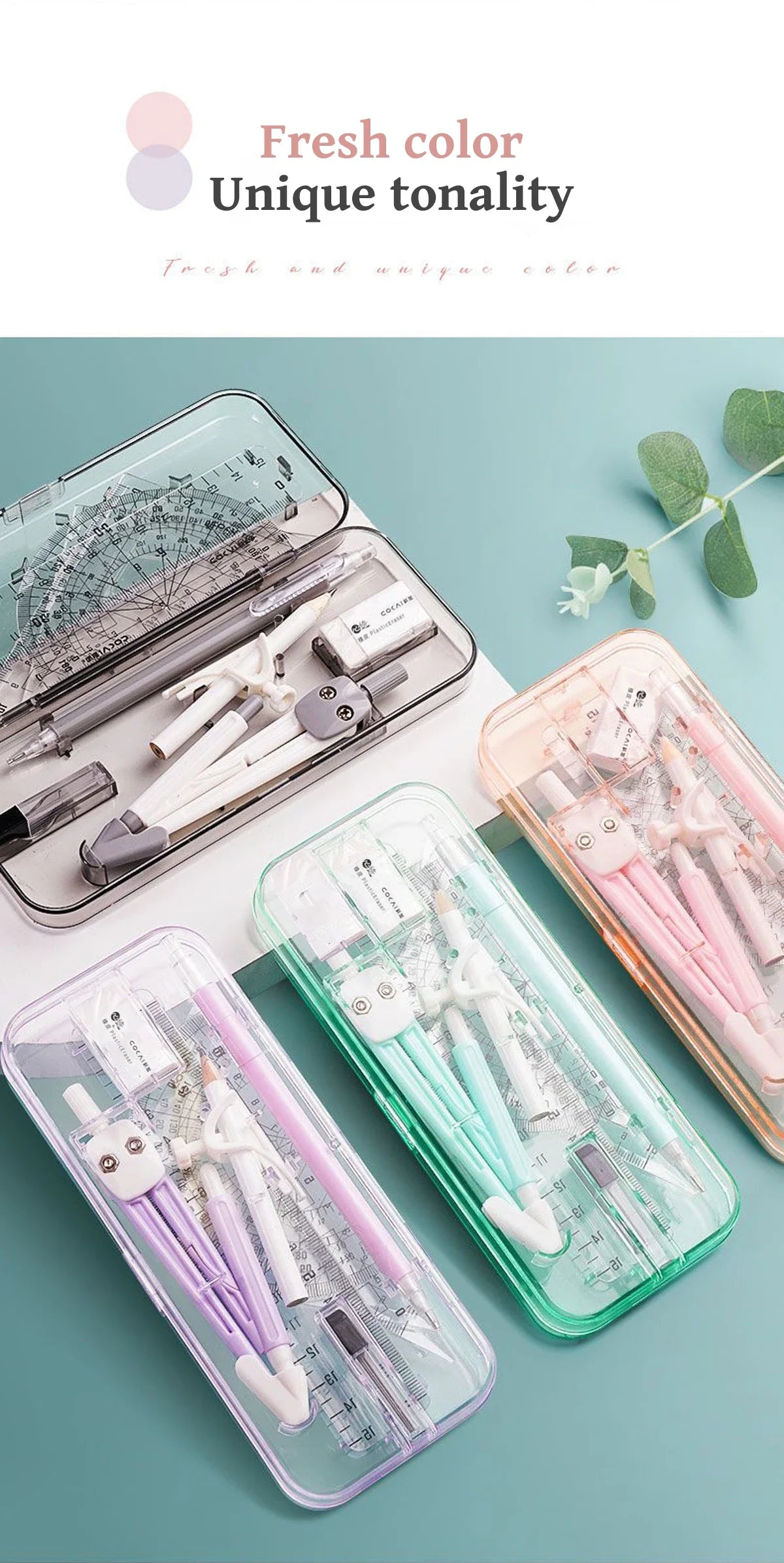 A collection of 9-piece geometry drawing tools and pens in various colors displayed on a teal background.