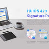 A laptop and a tablet displaying various documents are shown next to the HUION 420 Signature Pad.