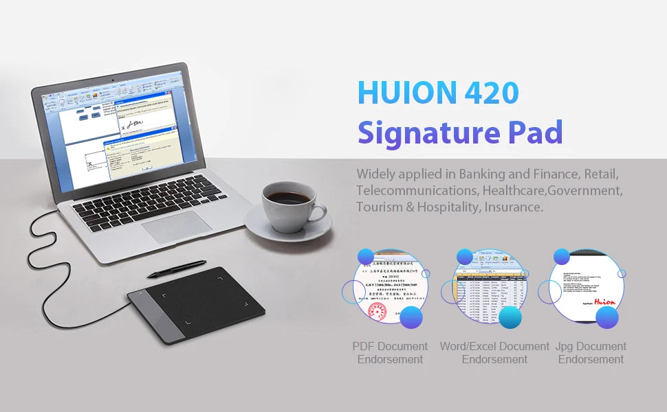 A laptop and a tablet displaying various documents are shown next to the HUION 420 Signature Pad.