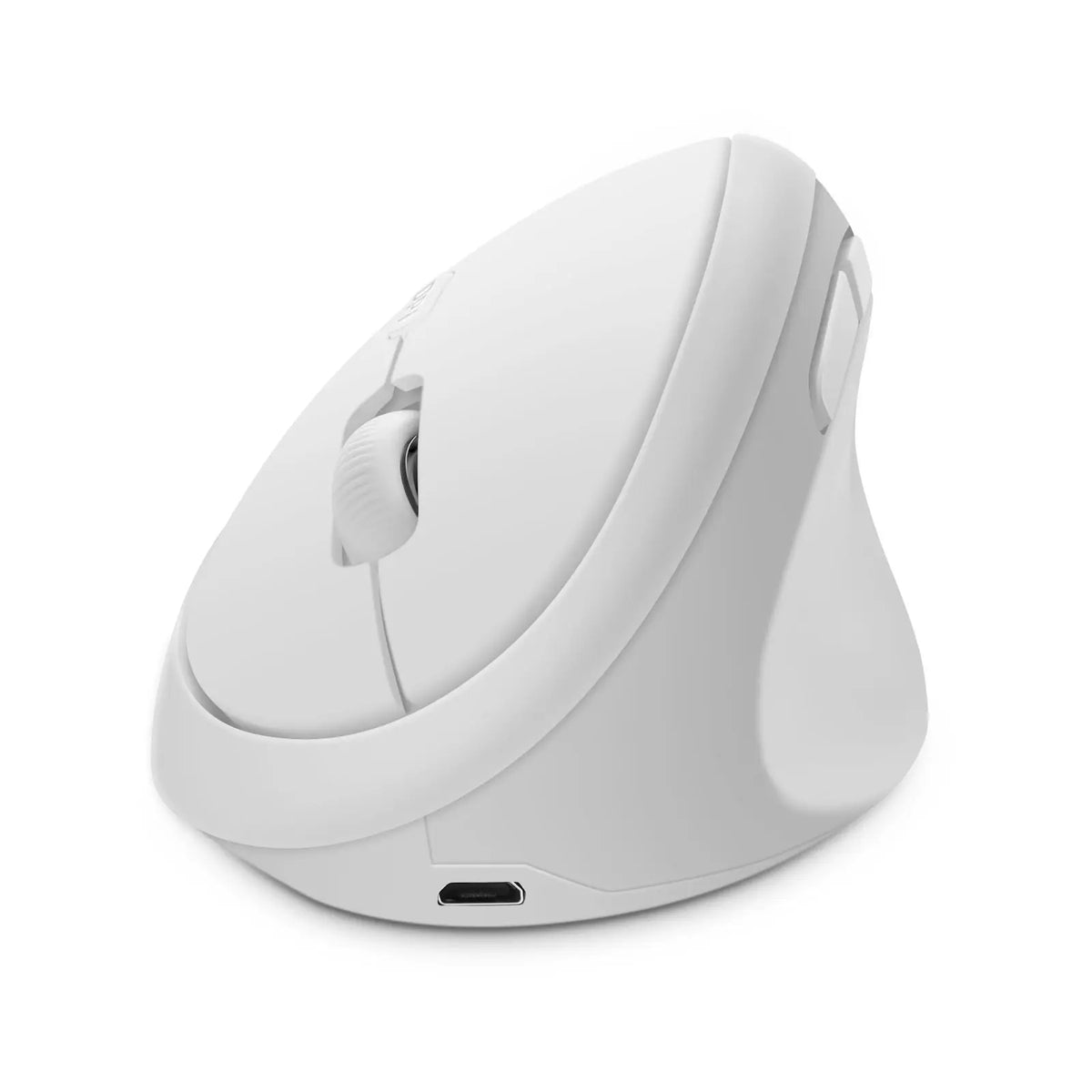 A white ergonomic vertical wireless gaming mouse shown from above.