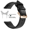 Black genuine leather watch band with quick release spring bars and slide lever for easy attachment.