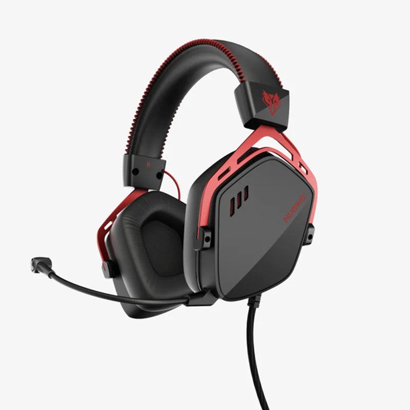 A black and red Pro USB Gaming Headset with an over-ear design is shown against a white background.